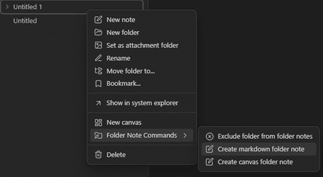 Screenshot of creating a folder note in Obsidian