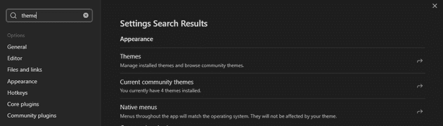 Screenshot of searching for settings